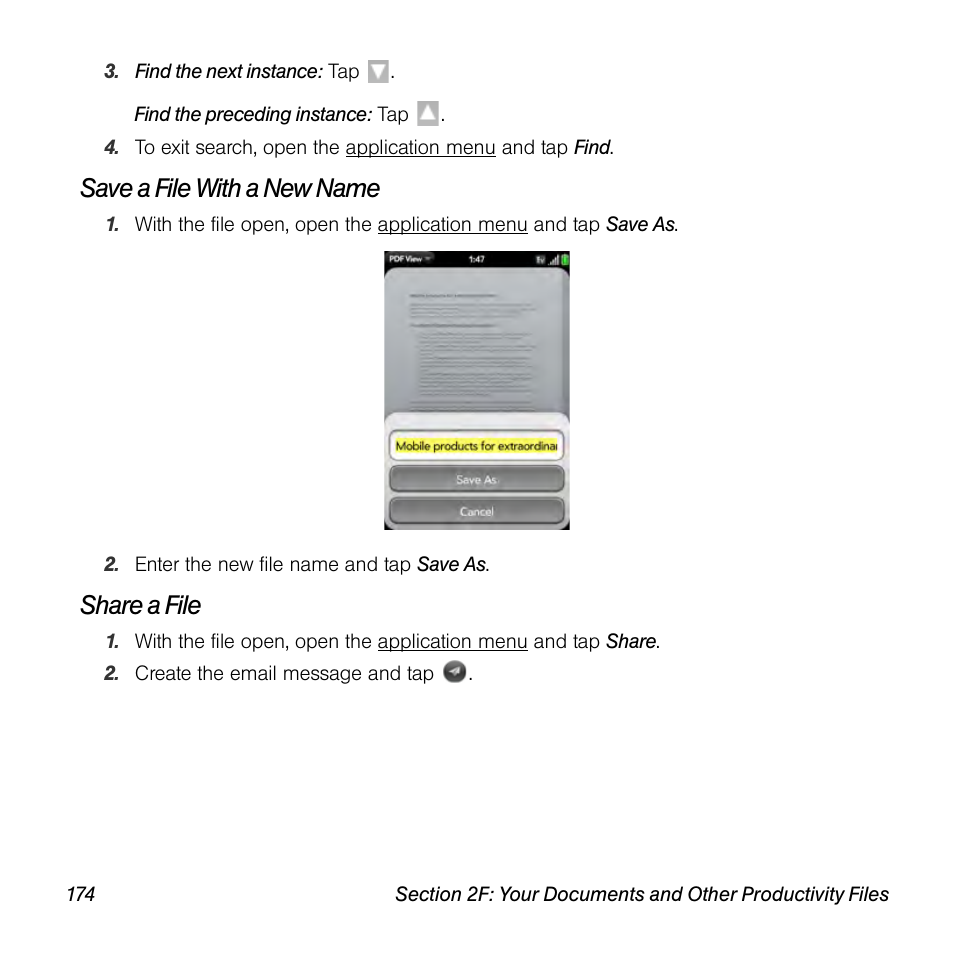 Save a file with a new name, Share a file | Palm Pre User Manual | Page 174 / 344