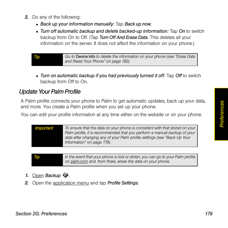Update your palm profile | Palm Pre User Manual | Page 179 / 344