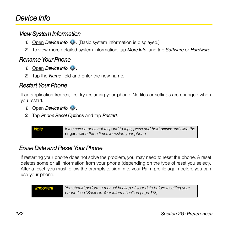 Device info, View system information, Rename your phone | Restart your phone, Erase data and reset your phone | Palm Pre User Manual | Page 182 / 344
