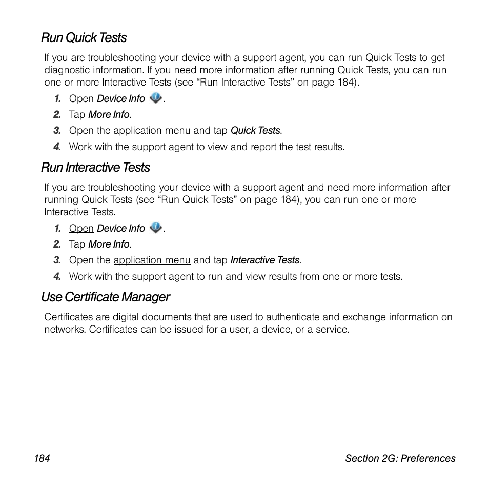 Run quick tests, Run interactive tests, Use certificate manager | Palm Pre User Manual | Page 184 / 344