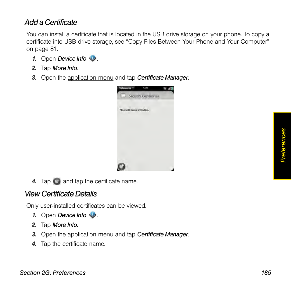 Add a certificate, View certificate details | Palm Pre User Manual | Page 185 / 344