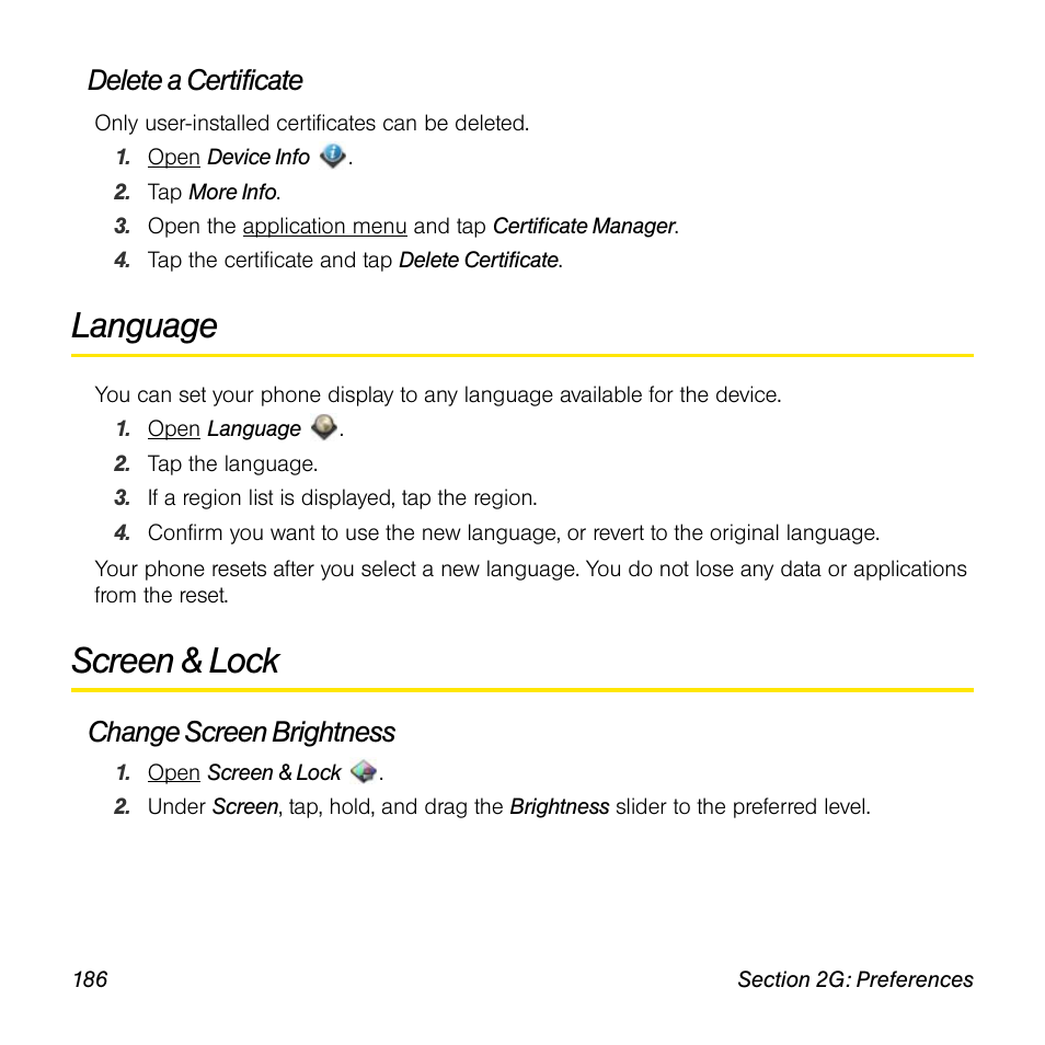 Delete a certificate, Language, Screen & lock | Change screen brightness | Palm Pre User Manual | Page 186 / 344