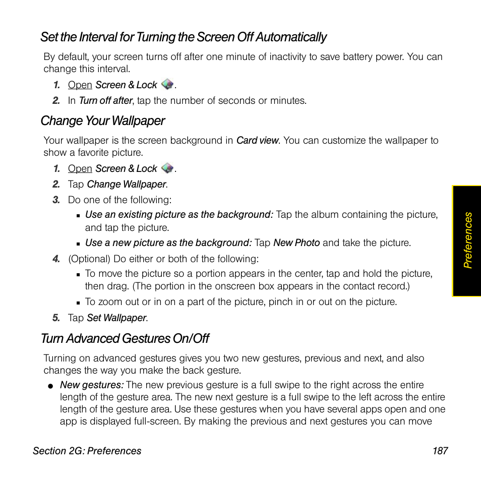 Change your wallpaper, Turn advanced gestures on/off | Palm Pre User Manual | Page 187 / 344
