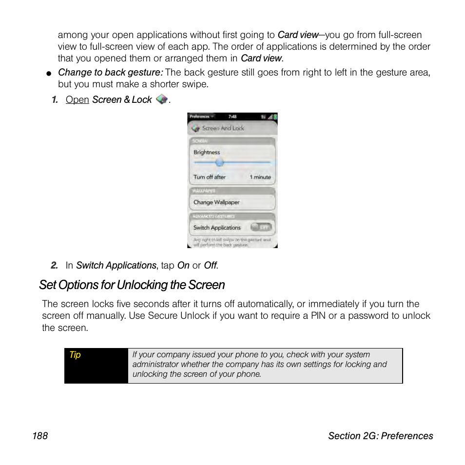 Set options for unlocking the screen | Palm Pre User Manual | Page 188 / 344