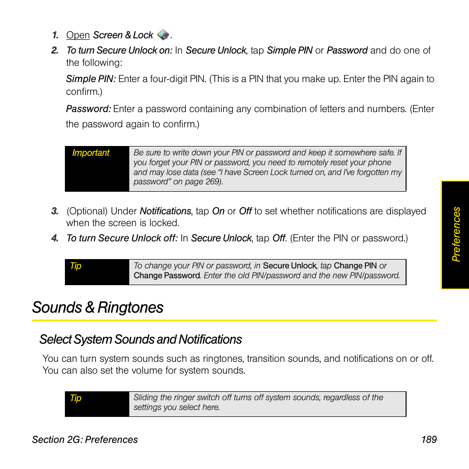 Sounds & ringtones, Select system sounds and notifications | Palm Pre User Manual | Page 189 / 344