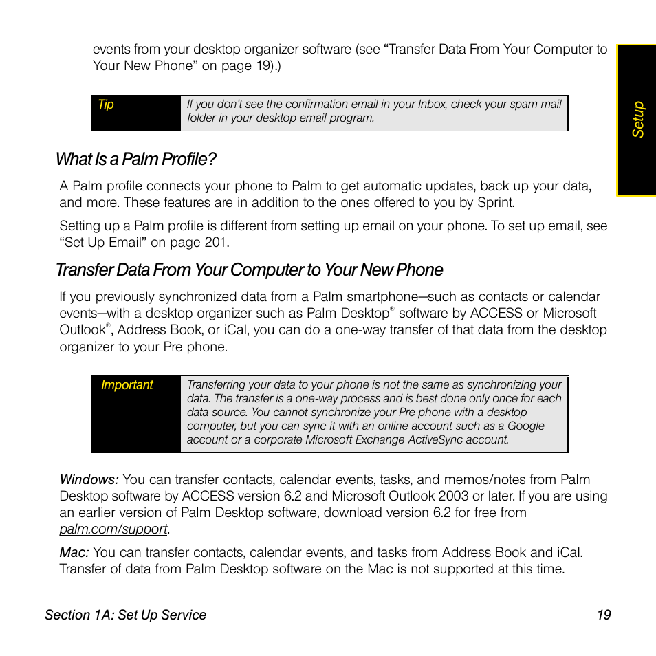 What is a palm profile, Transfer data from your computer to your new phone | Palm Pre User Manual | Page 19 / 344