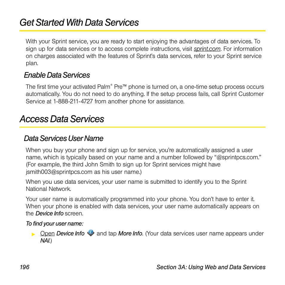Get started with data services, Enable data services, Access data services | Data services user name | Palm Pre User Manual | Page 196 / 344