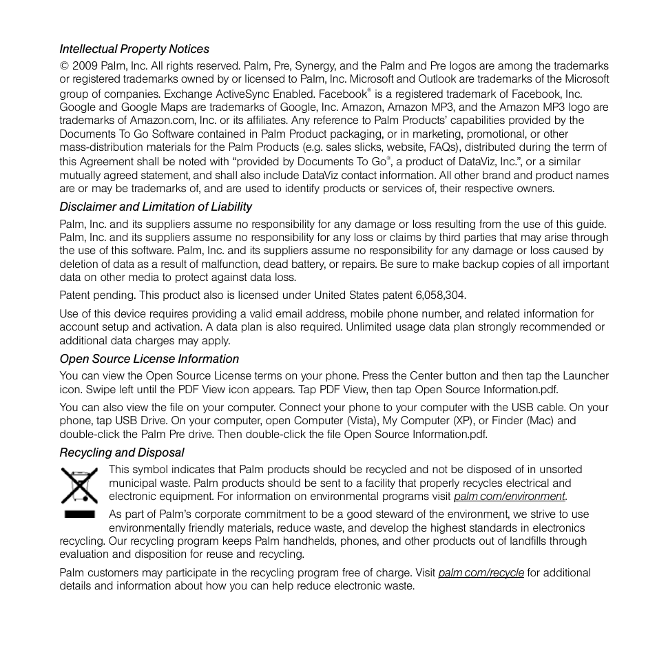 Palm Pre User Manual | Page 2 / 344