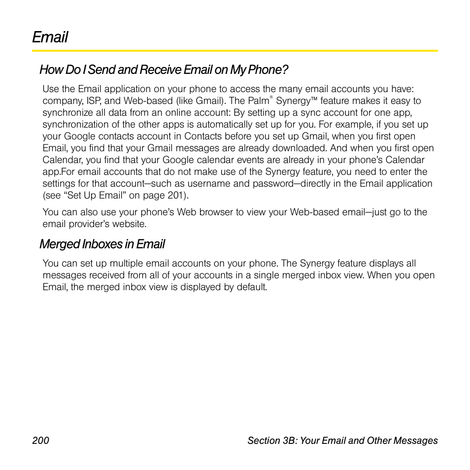 Email, How do i send and receive email on my phone, Merged inboxes in email | Palm Pre User Manual | Page 200 / 344