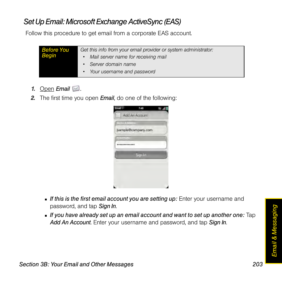 Set up email: microsoft exchange activesync (eas) | Palm Pre User Manual | Page 203 / 344