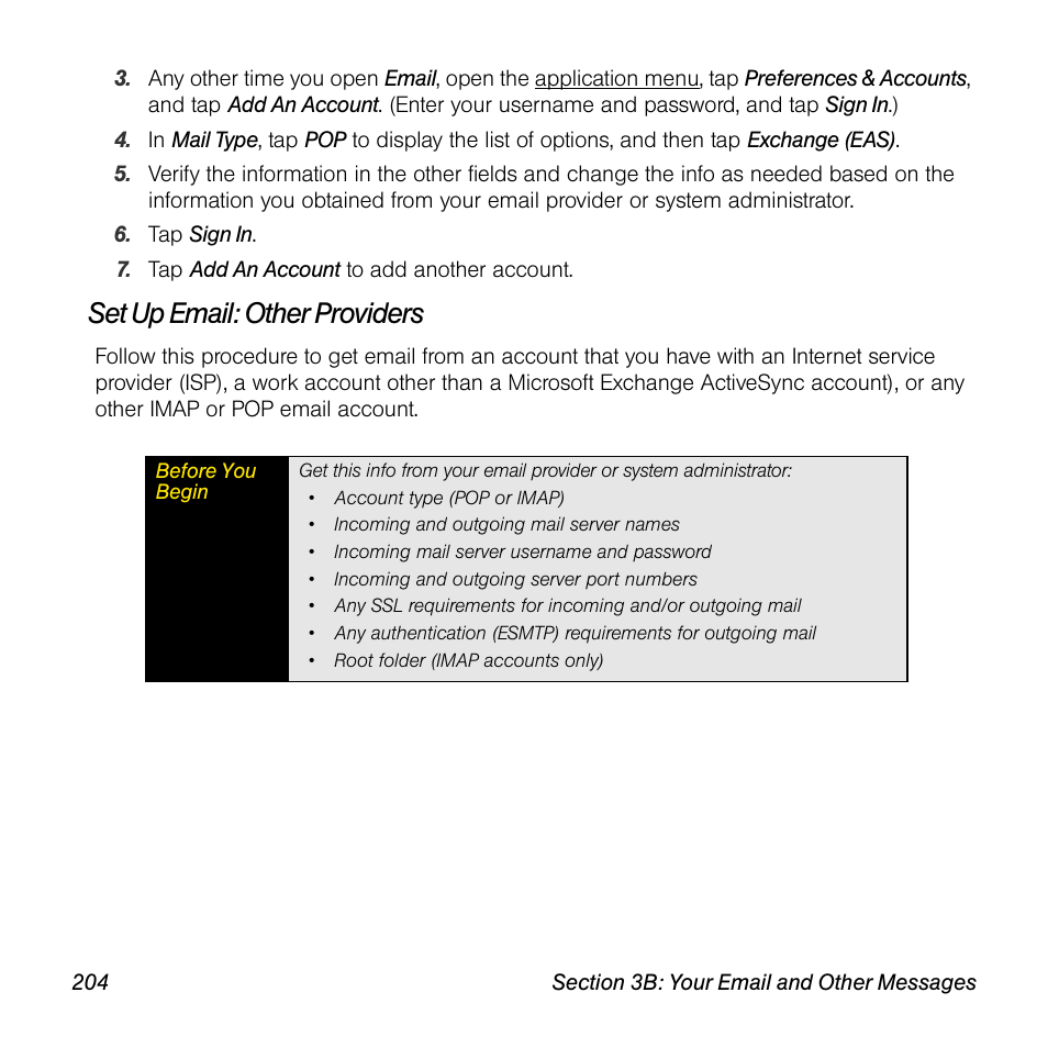 Set up email: other providers | Palm Pre User Manual | Page 204 / 344