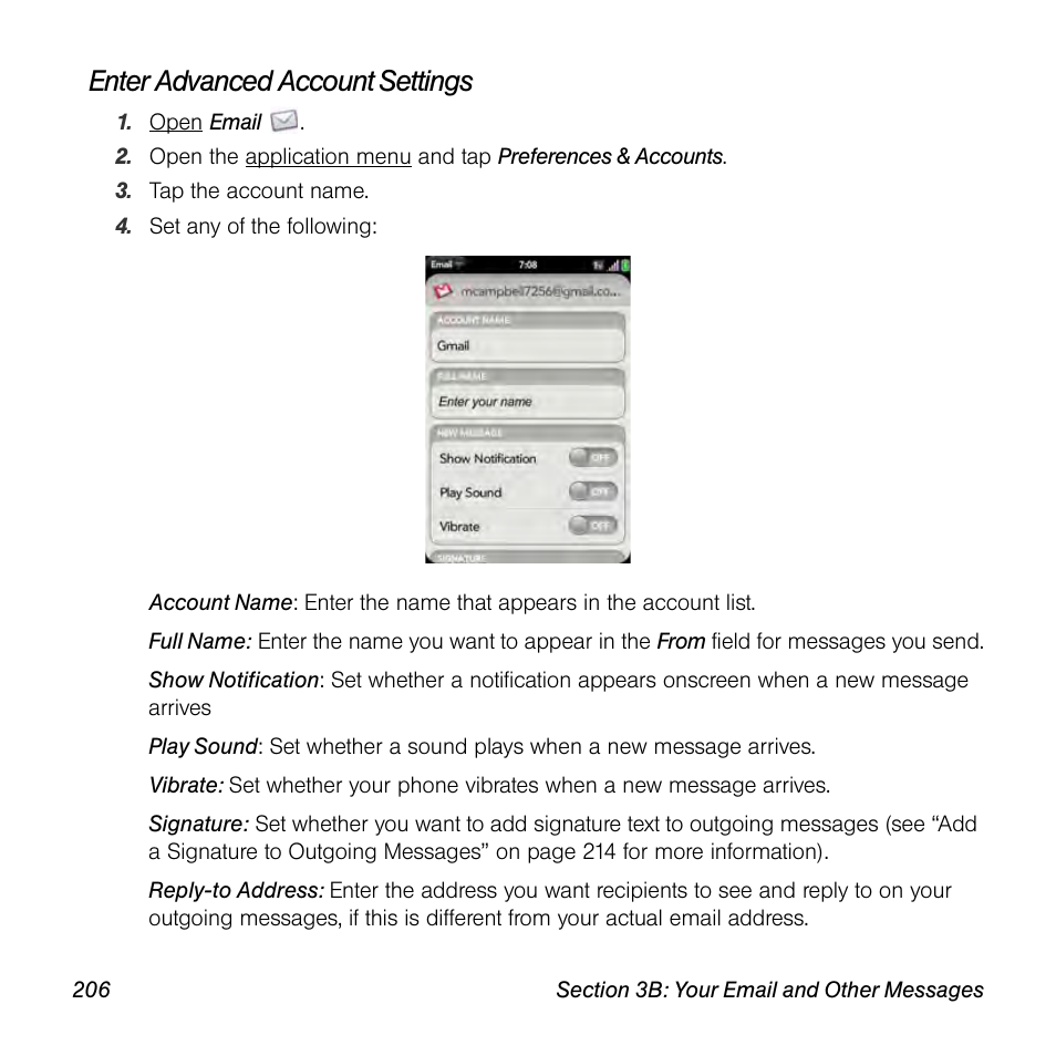Enter advanced account settings | Palm Pre User Manual | Page 206 / 344
