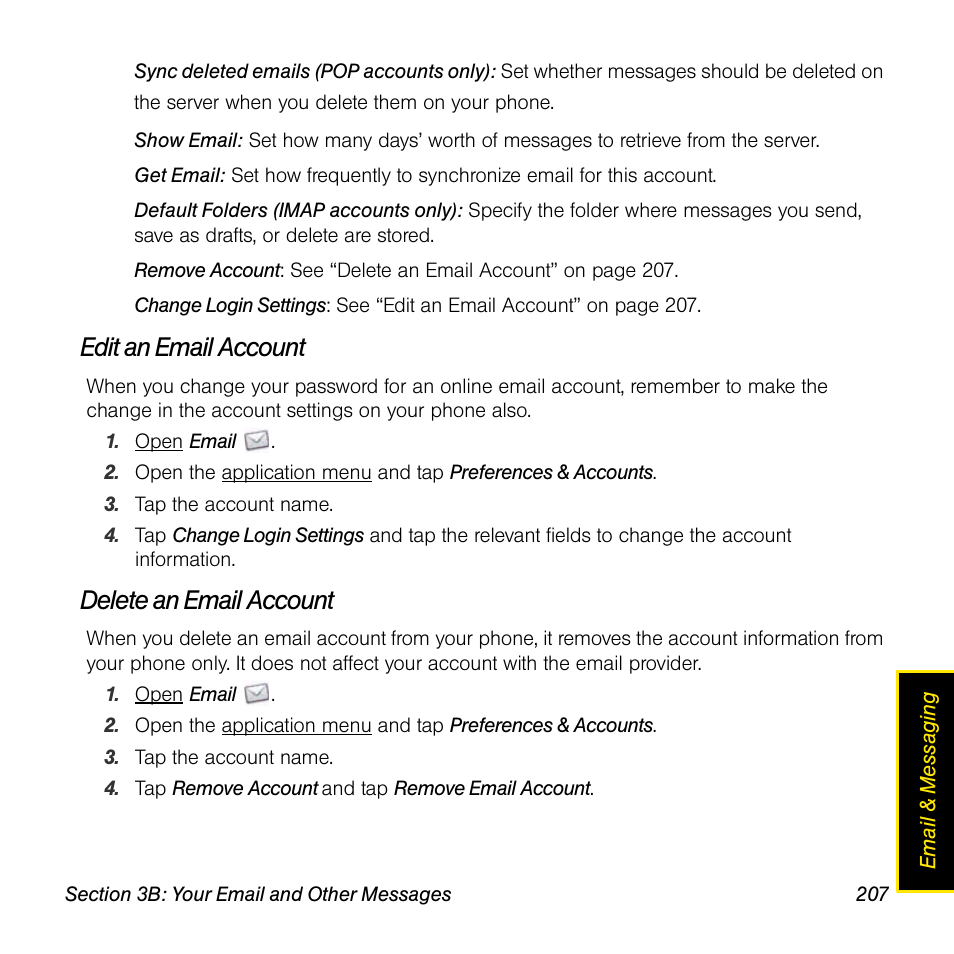 Edit an email account, Delete an email account | Palm Pre User Manual | Page 207 / 344