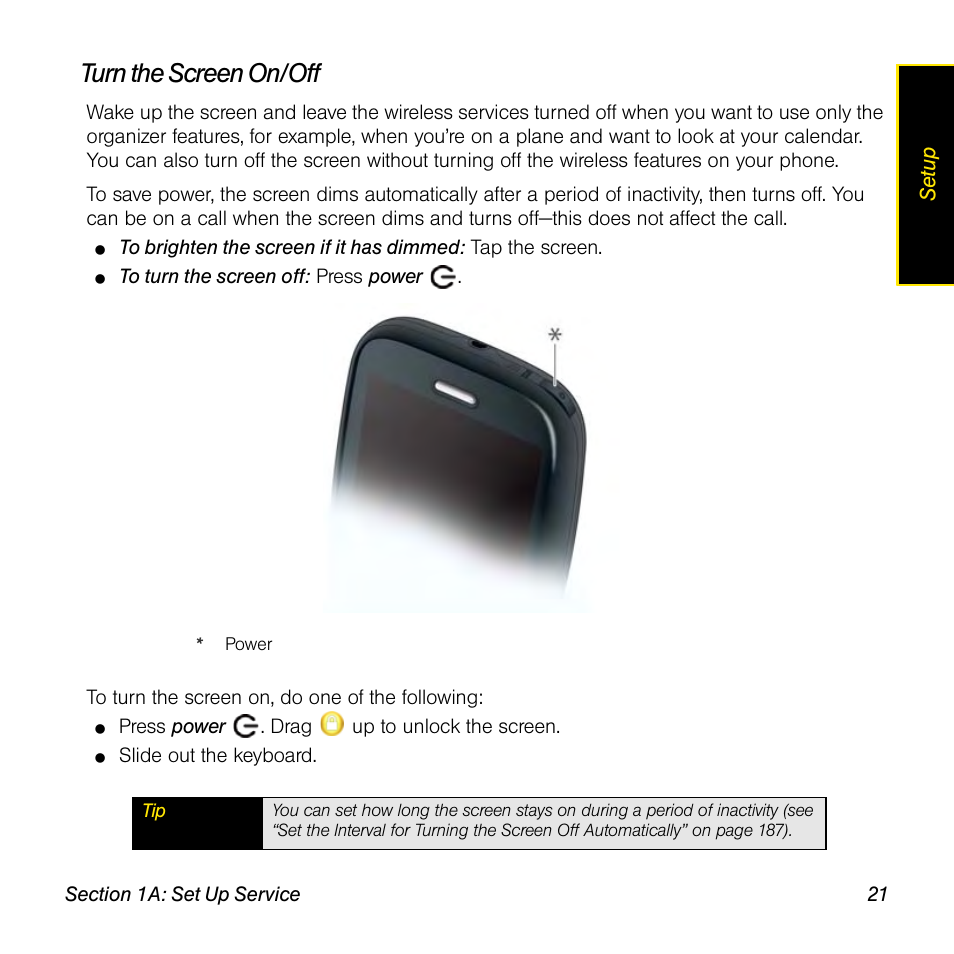 Turn the screen on/off | Palm Pre User Manual | Page 21 / 344