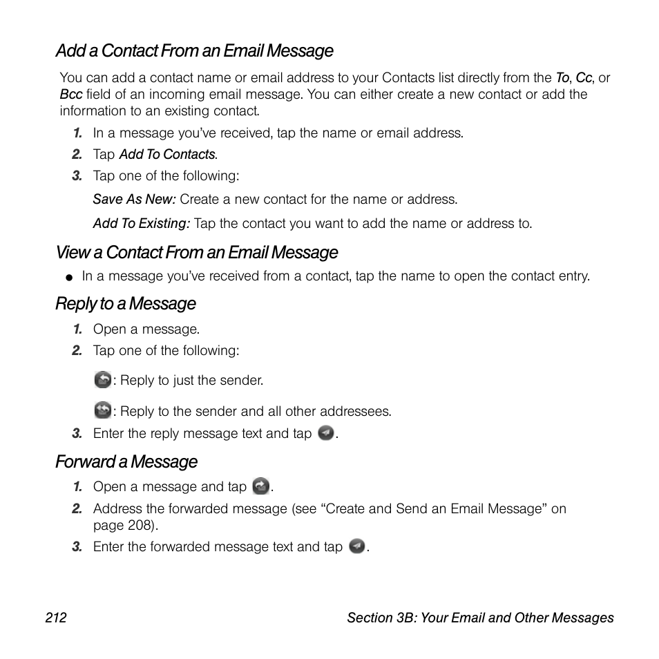 Add a contact from an email message, View a contact from an email message, Reply to a message | Forward a message | Palm Pre User Manual | Page 212 / 344
