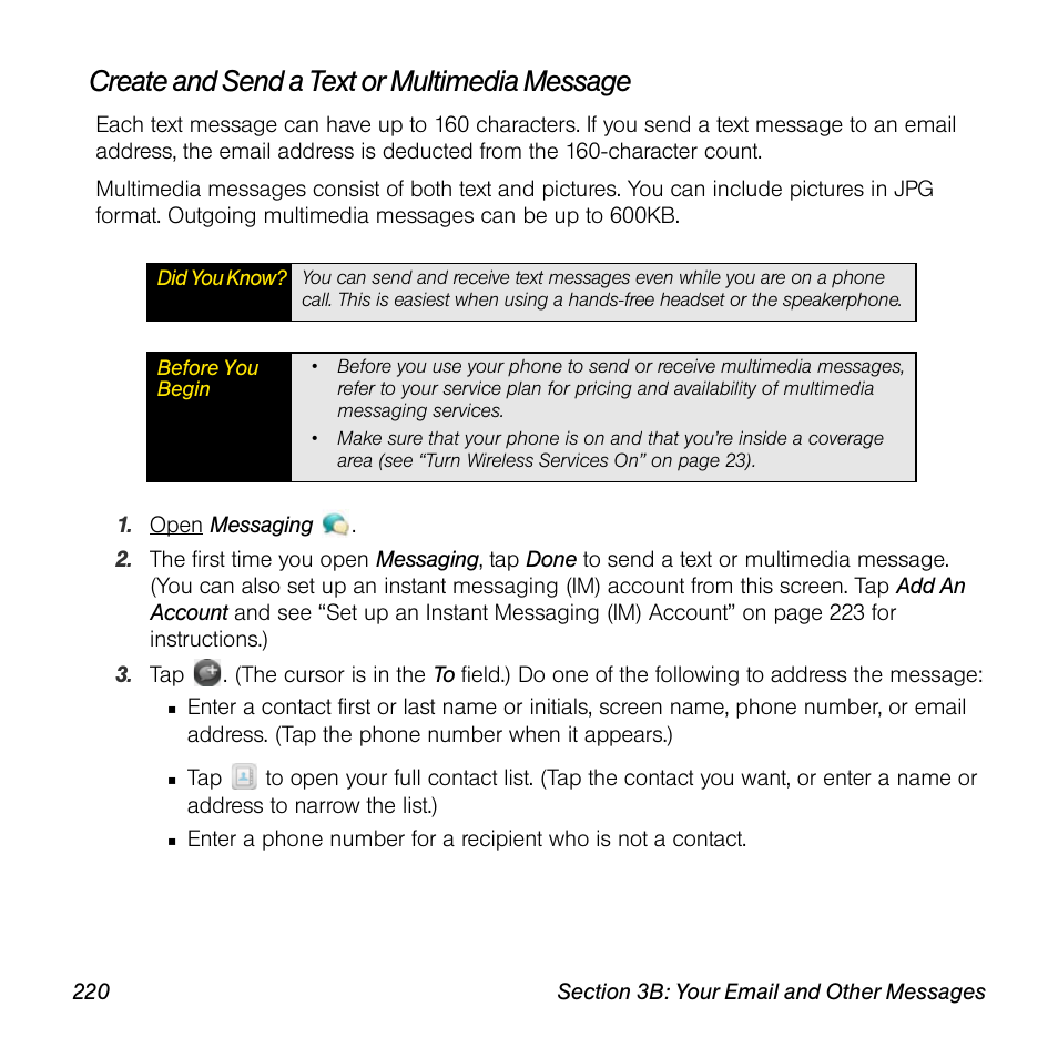 Create and send a text or multimedia message | Palm Pre User Manual | Page 220 / 344