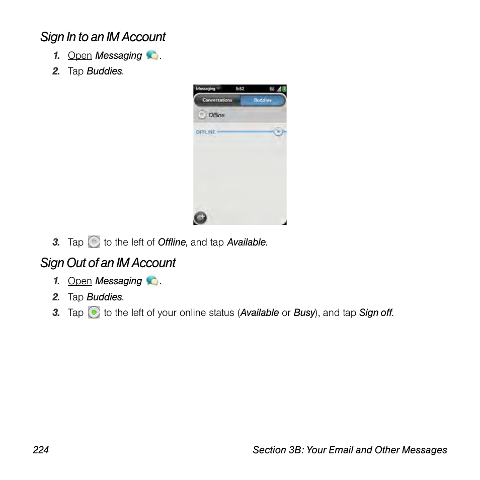 Sign in to an im account, Sign out of an im account | Palm Pre User Manual | Page 224 / 344