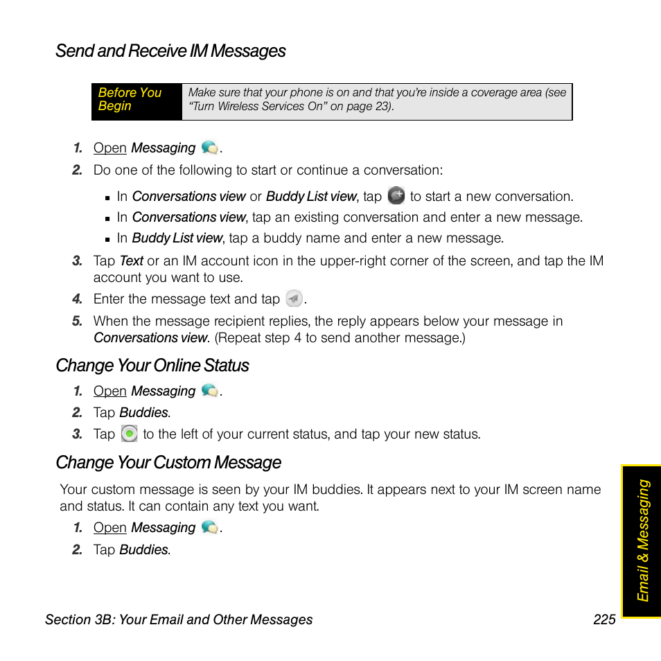 Send and receive im messages, Change your online status, Change your custom message | Palm Pre User Manual | Page 225 / 344
