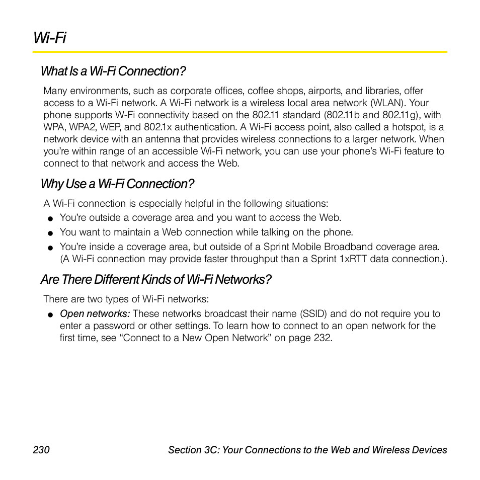 Wi-fi, What is a wi-fi connection, Why use a wi-fi connection | Are there different kinds of wi-fi networks | Palm Pre User Manual | Page 230 / 344