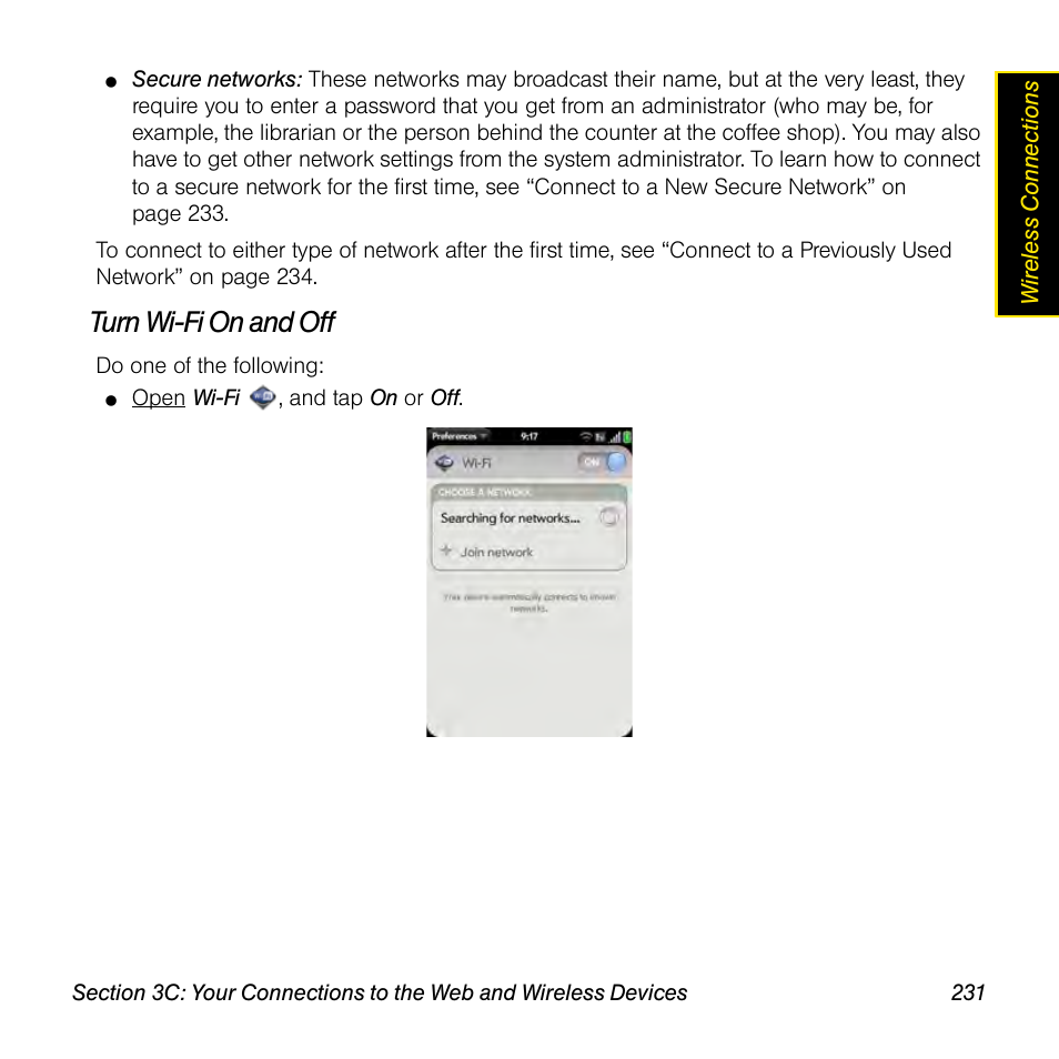 Turn wi-fi on and off | Palm Pre User Manual | Page 231 / 344
