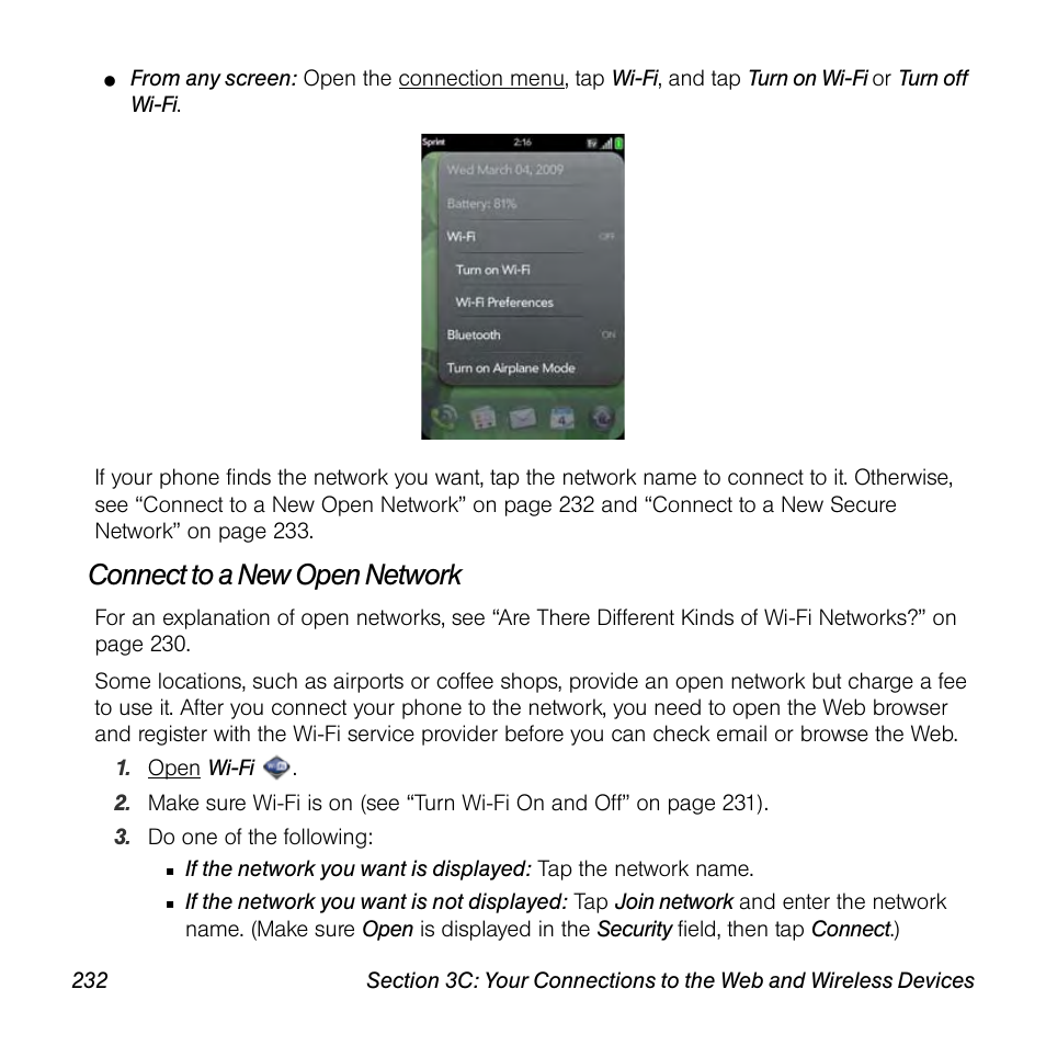Connect to a new open network | Palm Pre User Manual | Page 232 / 344