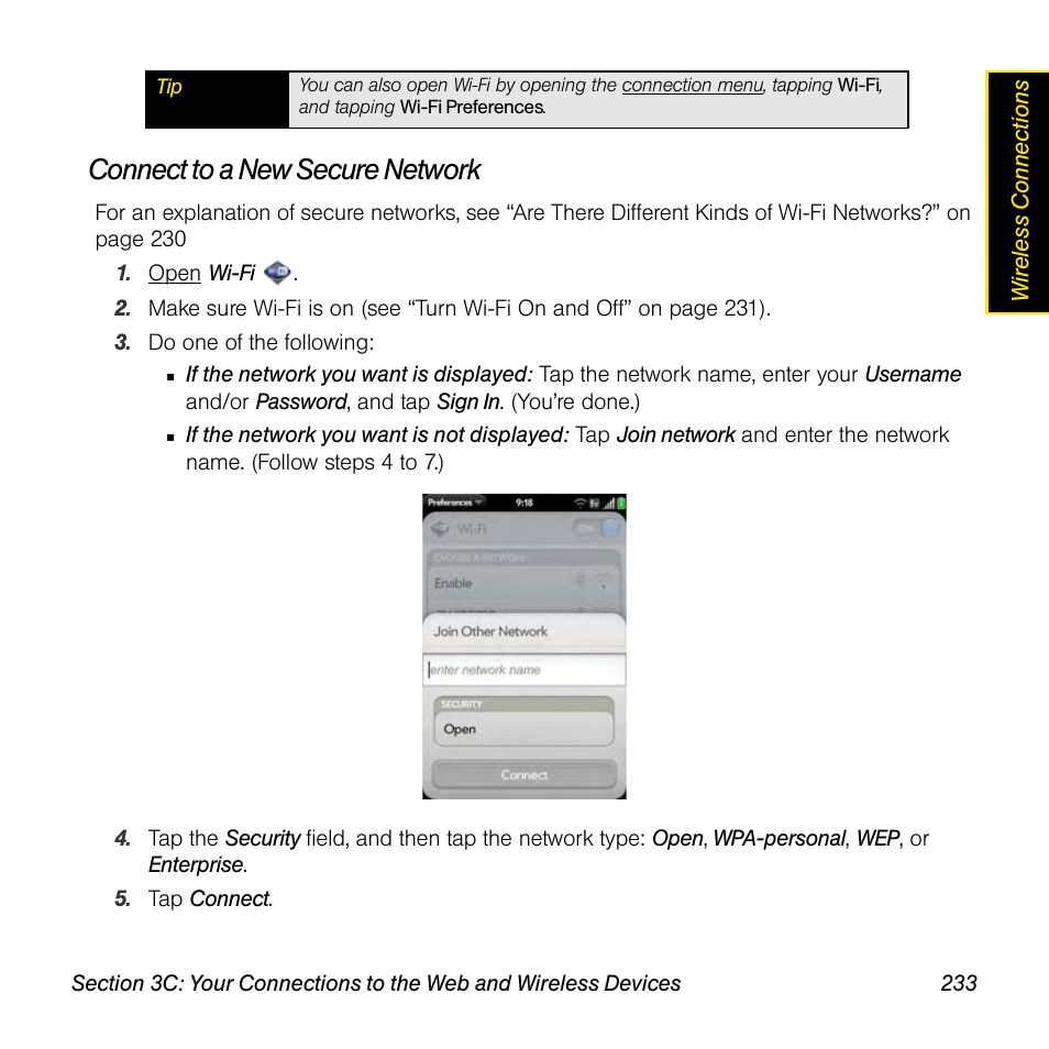 Connect to a new secure network | Palm Pre User Manual | Page 233 / 344