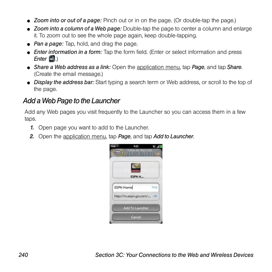 Add a web page to the launcher | Palm Pre User Manual | Page 240 / 344