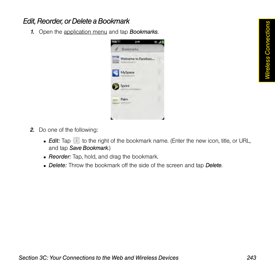 Edit, reorder, or delete a bookmark | Palm Pre User Manual | Page 243 / 344