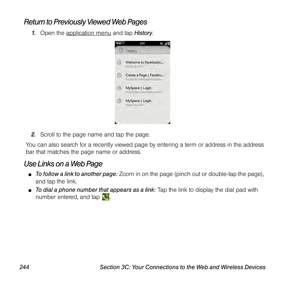 Return to previously viewed web pages, Use links on a web page | Palm Pre User Manual | Page 244 / 344