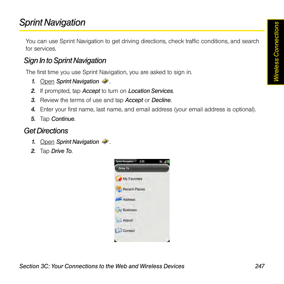 Sprint navigation, Sign in to sprint navigation, Get directions | Palm Pre User Manual | Page 247 / 344
