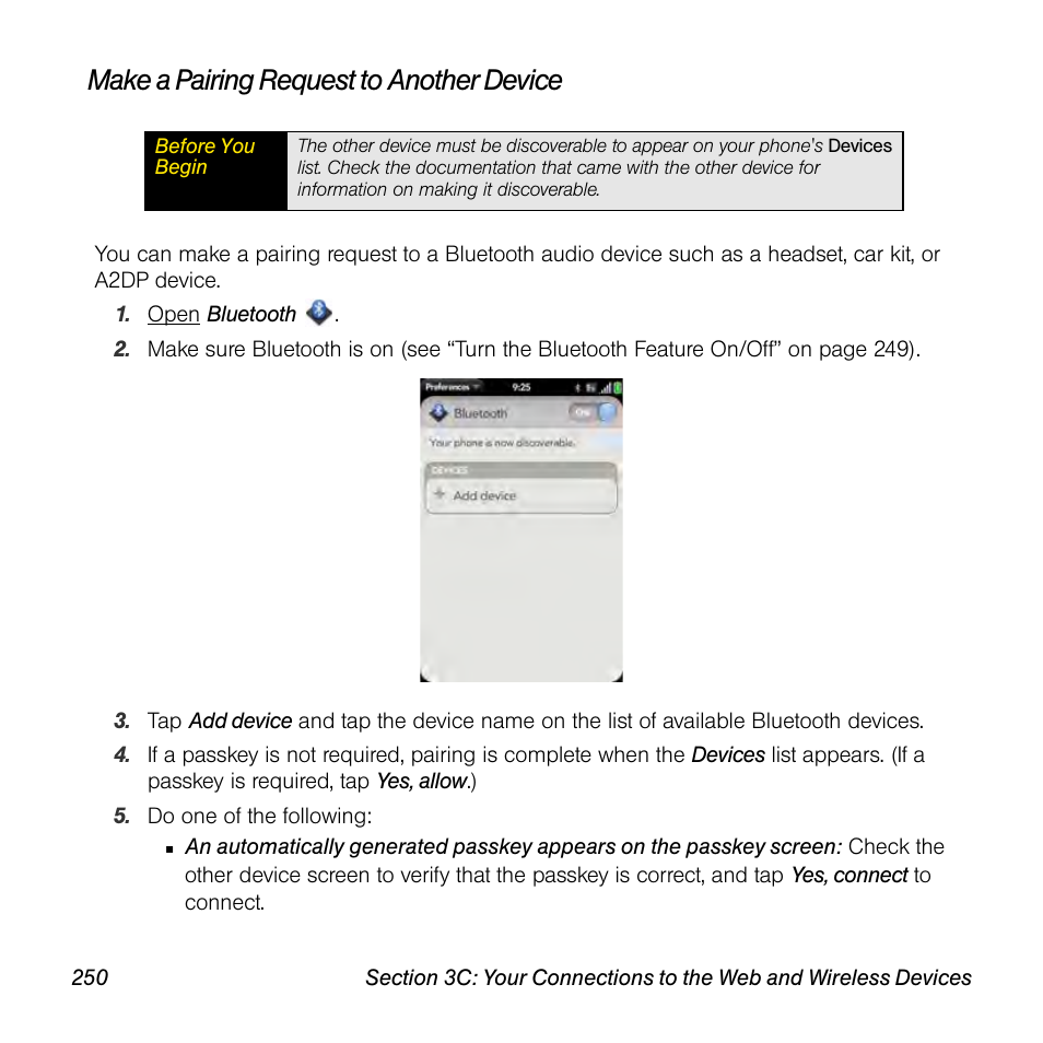 Make a pairing request to another device | Palm Pre User Manual | Page 250 / 344