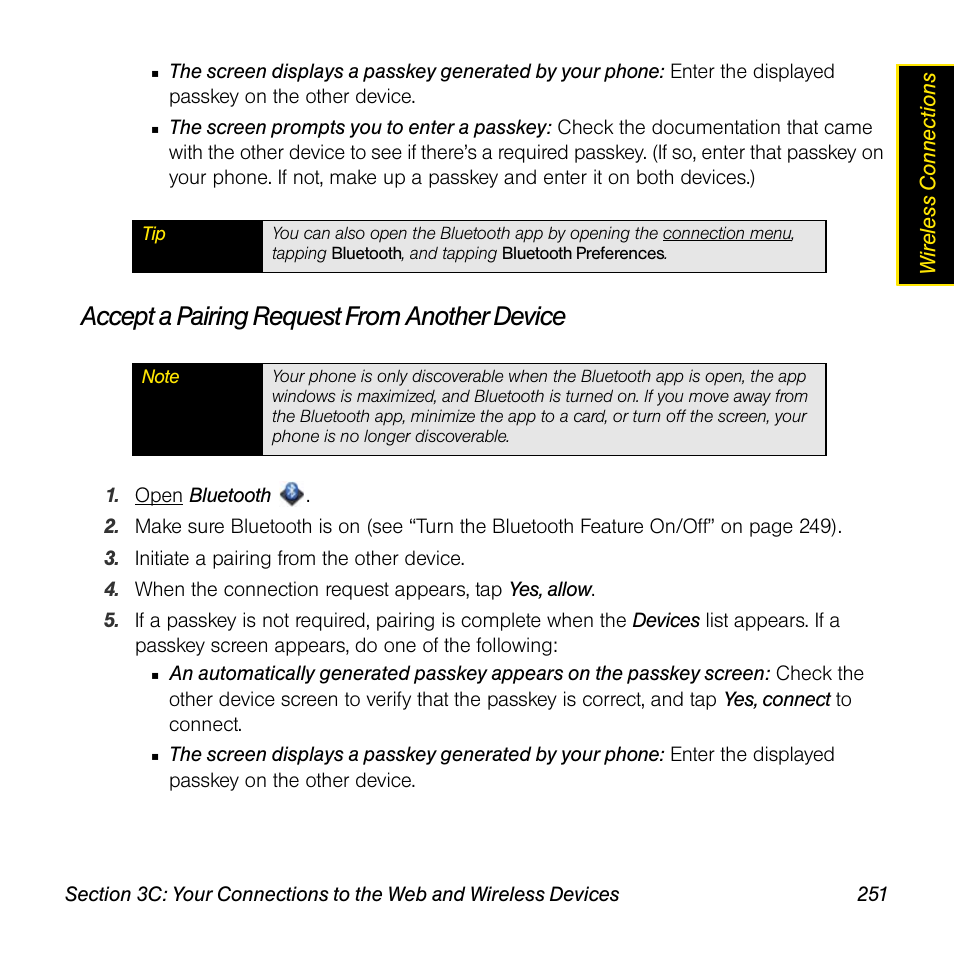 Accept a pairing request from another device | Palm Pre User Manual | Page 251 / 344