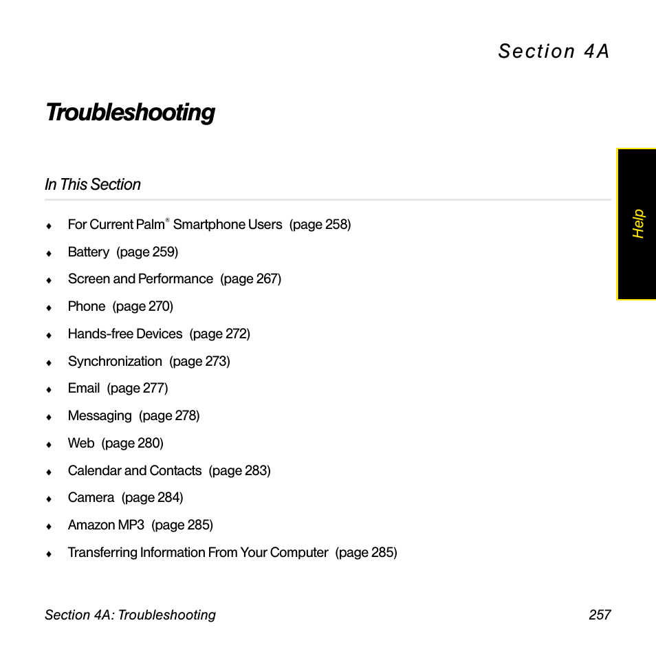 Troubleshooting, 4a. troubleshooting, Help | Palm Pre User Manual | Page 257 / 344