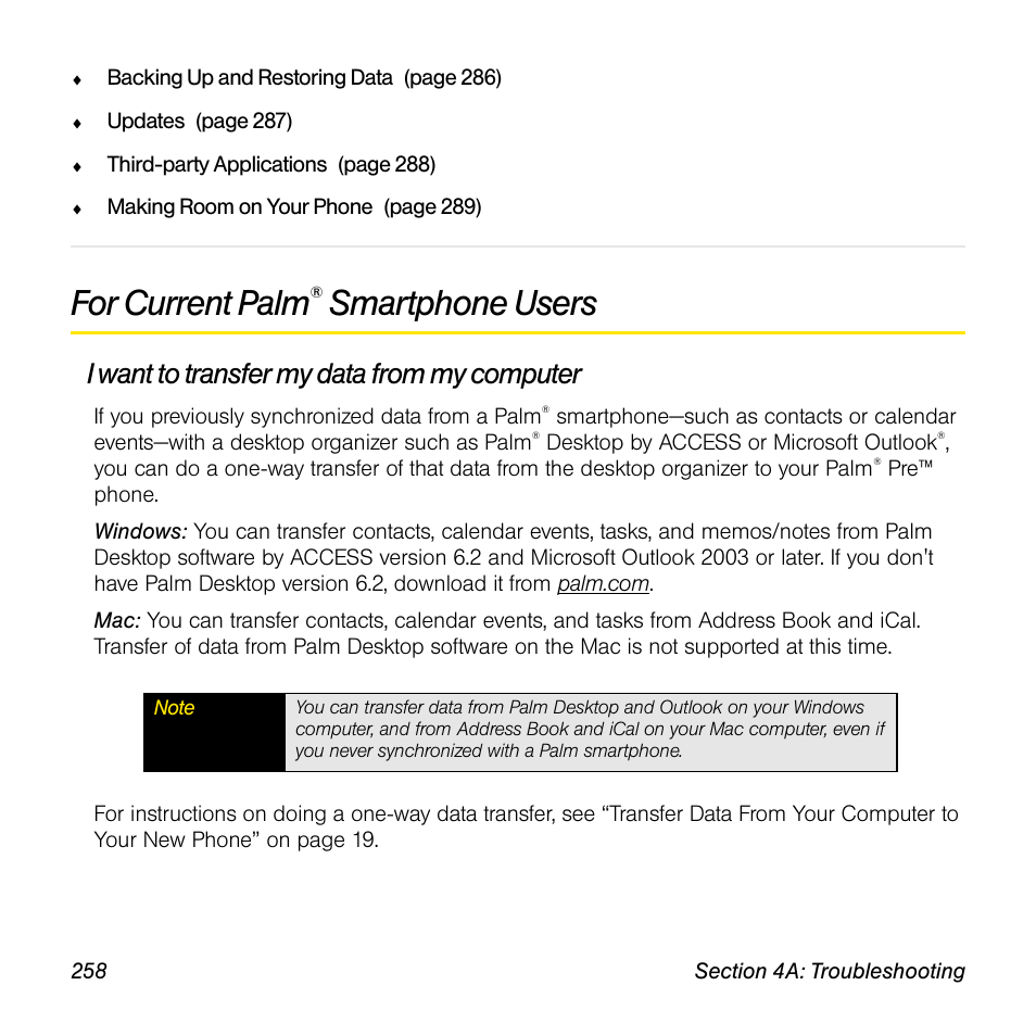 For current palm® smartphone users, I want to transfer my data from my computer, For current palm | Smartphone users | Palm Pre User Manual | Page 258 / 344