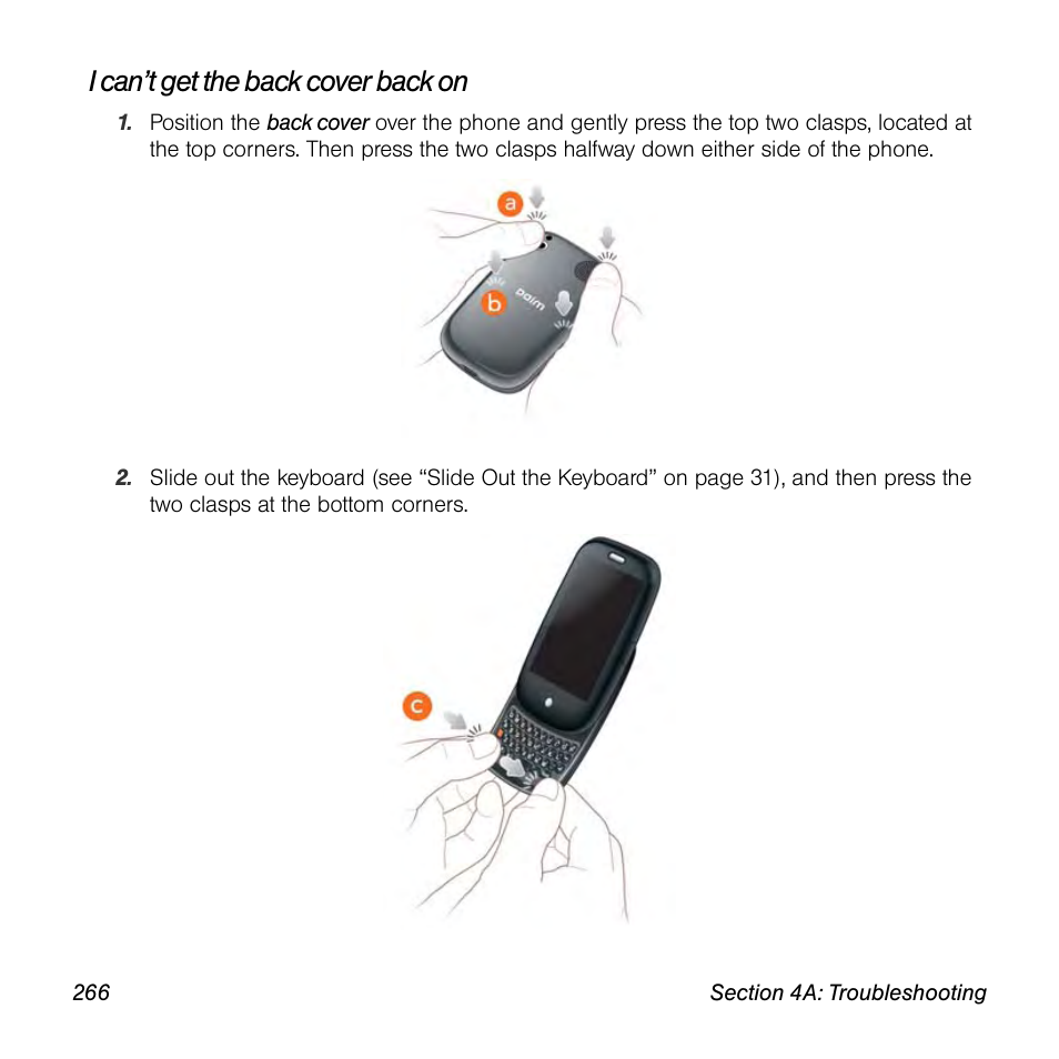 I can’t get the back cover back on | Palm Pre User Manual | Page 266 / 344