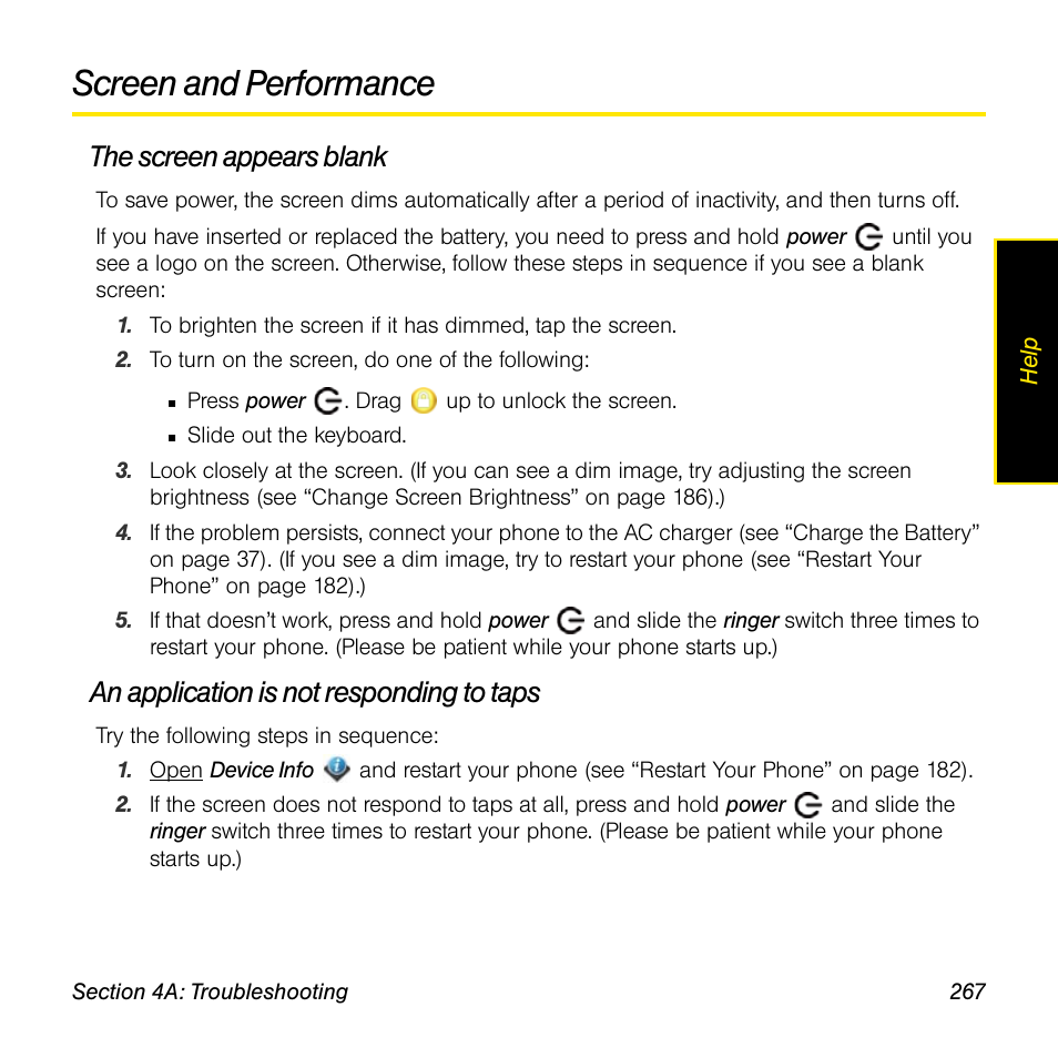 Screen and performance, The screen appears blank, An application is not responding to taps | Palm Pre User Manual | Page 267 / 344