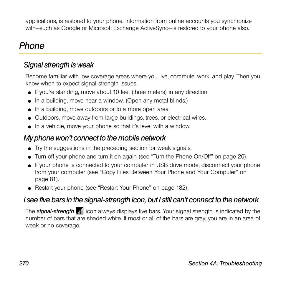 Phone, Signal strength is weak, My phone won’t connect to the mobile network | Palm Pre User Manual | Page 270 / 344