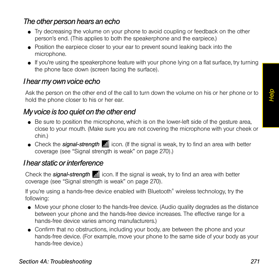 The other person hears an echo, I hear my own voice echo, My voice is too quiet on the other end | I hear static or interference | Palm Pre User Manual | Page 271 / 344