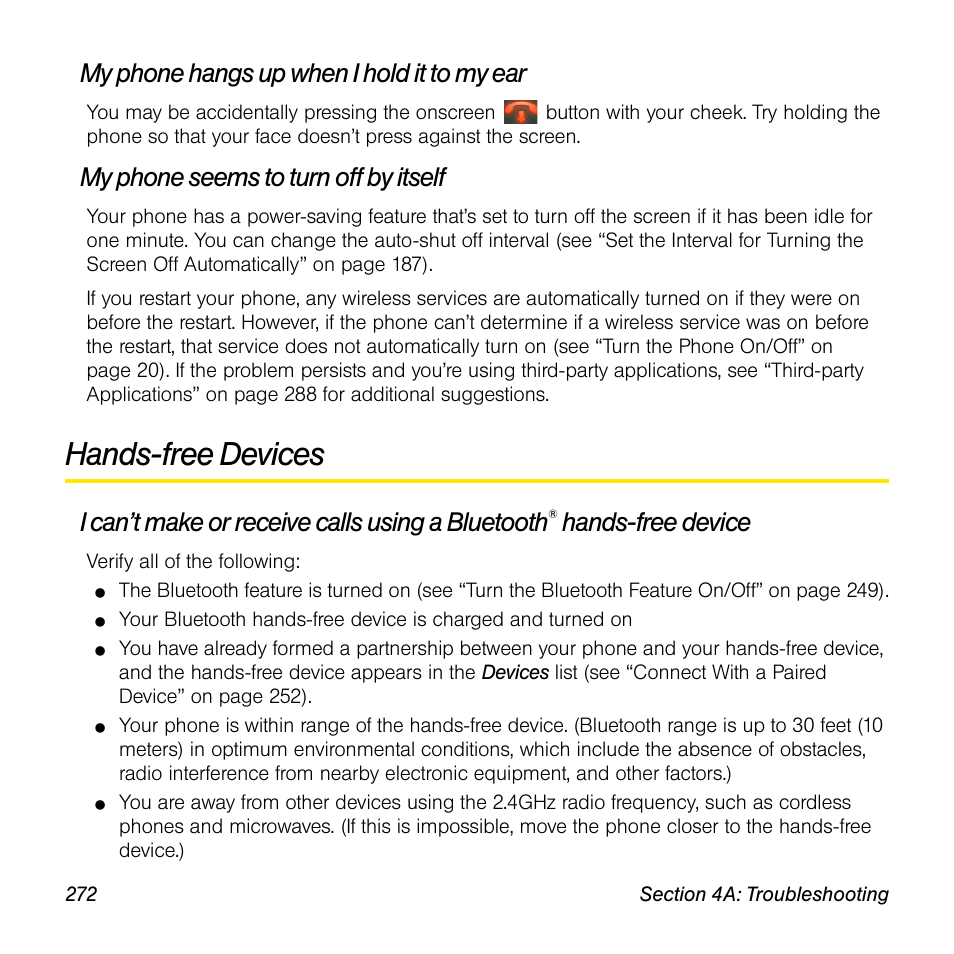 My phone hangs up when i hold it to my ear, My phone seems to turn off by itself, Hands-free devices | I can’t make or receive calls using a bluetooth, Hands-free device | Palm Pre User Manual | Page 272 / 344