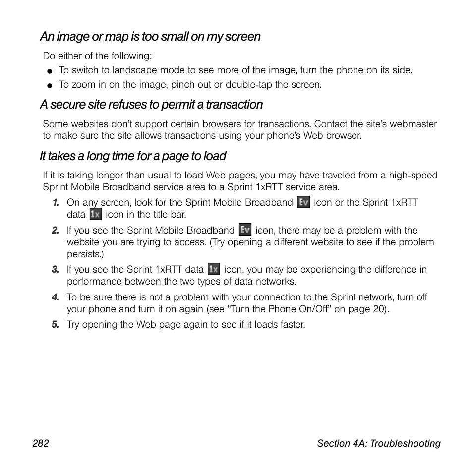 An image or map is too small on my screen, A secure site refuses to permit a transaction, It takes a long time for a page to load | Palm Pre User Manual | Page 282 / 344