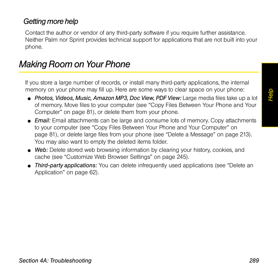Getting more help, Making room on your phone | Palm Pre User Manual | Page 289 / 344