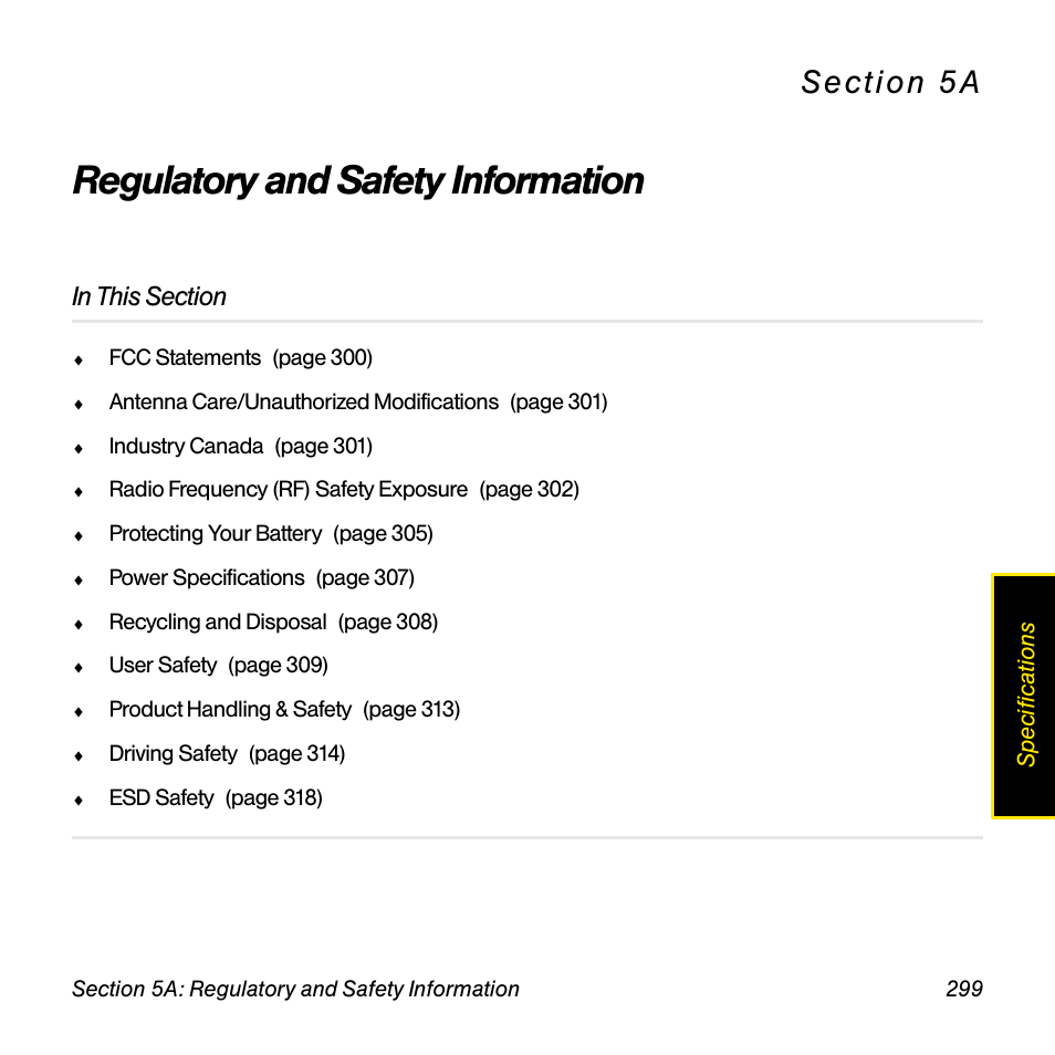 Regulatory and safety information, 5a. regulatory and safety information | Palm Pre User Manual | Page 299 / 344