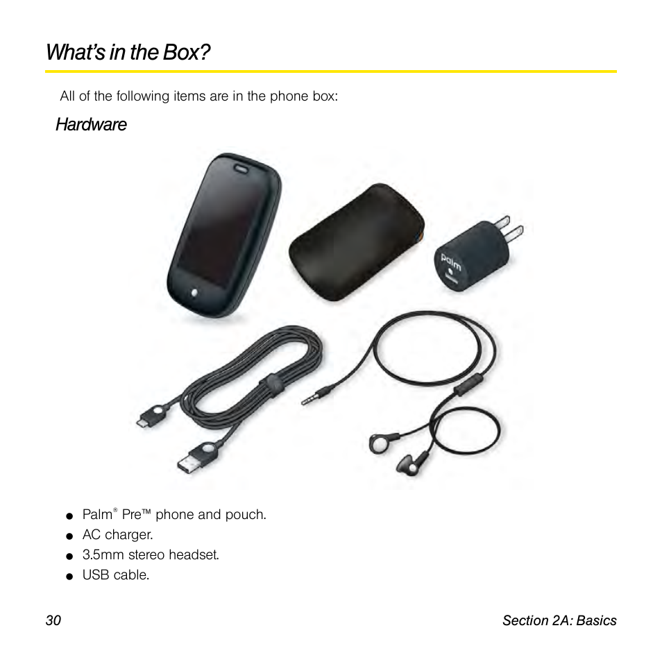 What’s in the box, Hardware | Palm Pre User Manual | Page 30 / 344