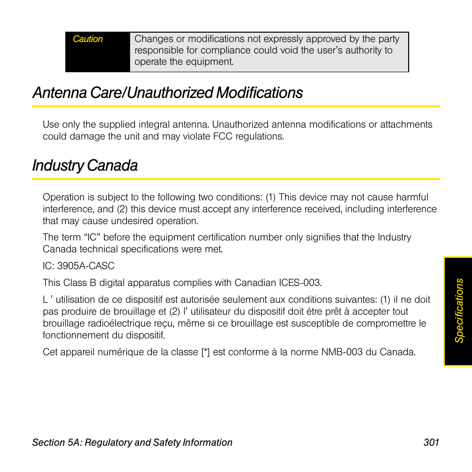Antenna care/unauthorized modifications, Industry canada | Palm Pre User Manual | Page 301 / 344