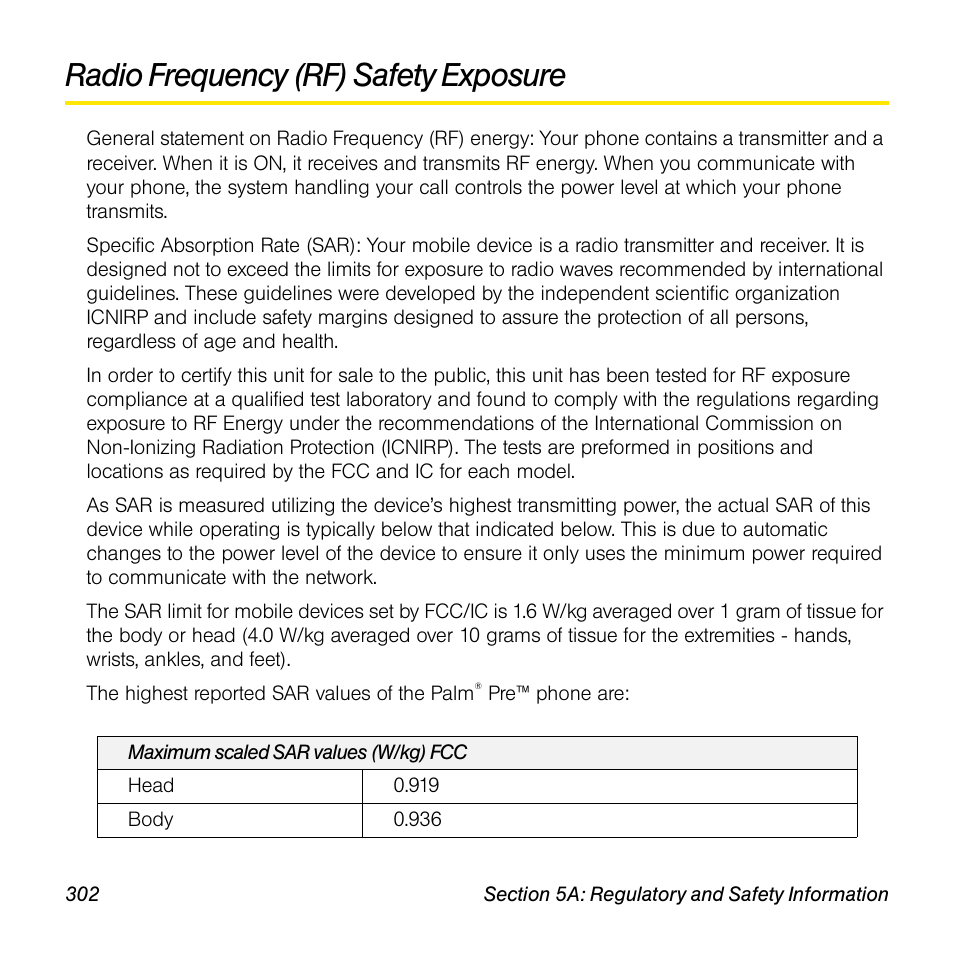 Radio frequency (rf) safety exposure | Palm Pre User Manual | Page 302 / 344