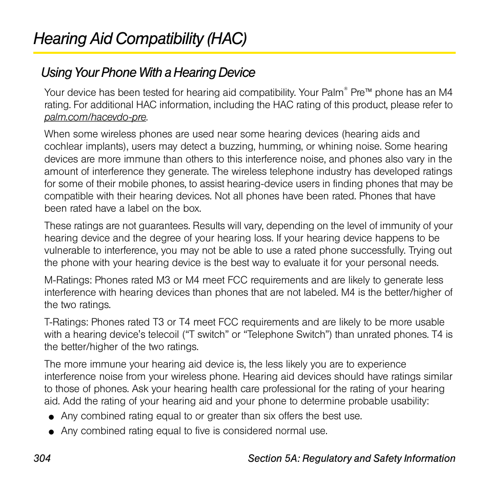Hearing aid compatibility (hac), Using your phone with a hearing device | Palm Pre User Manual | Page 304 / 344
