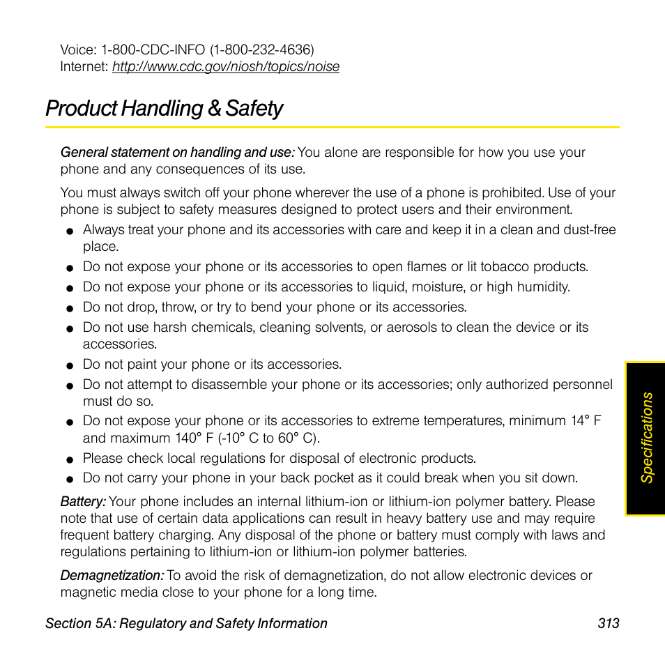 Product handling & safety | Palm Pre User Manual | Page 313 / 344