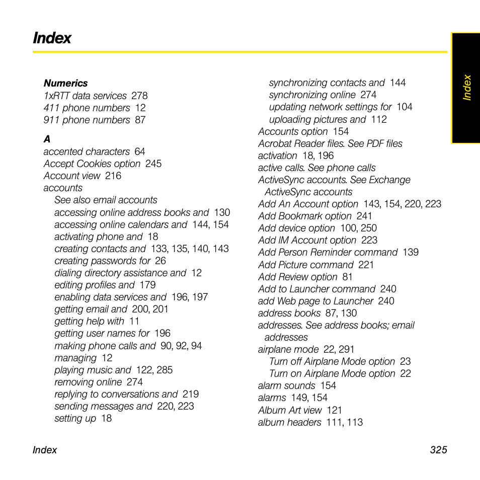 Index, Numerics | Palm Pre User Manual | Page 325 / 344