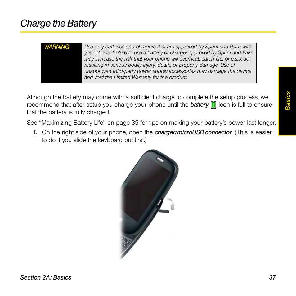 Charge the battery | Palm Pre User Manual | Page 37 / 344