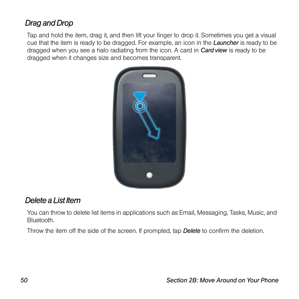 Drag and drop, Delete a list item | Palm Pre User Manual | Page 50 / 344